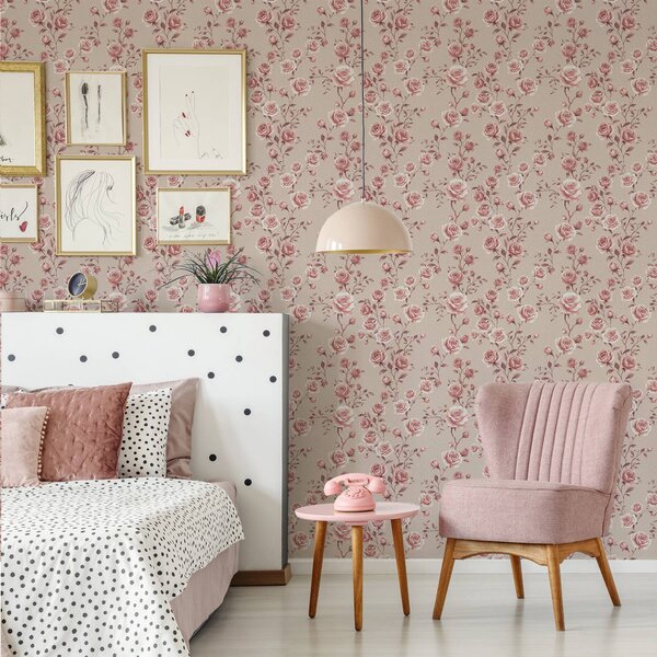 Tapet Trandafiri pudrați pe fond bej — model vintage, Tapet flori, a00497 : Uwalls.ro
