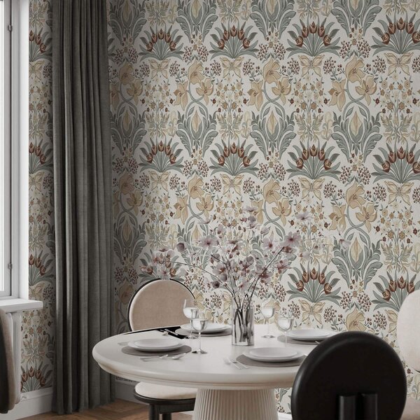 Tapet Crini decorativi și un fluture pe fond crem, Tapet flori, a00500 : Uwalls.ro