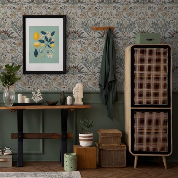 Tapet Crini decorativi și un fluture pe fond crem, Tapet flori, a00500 : Uwalls.ro