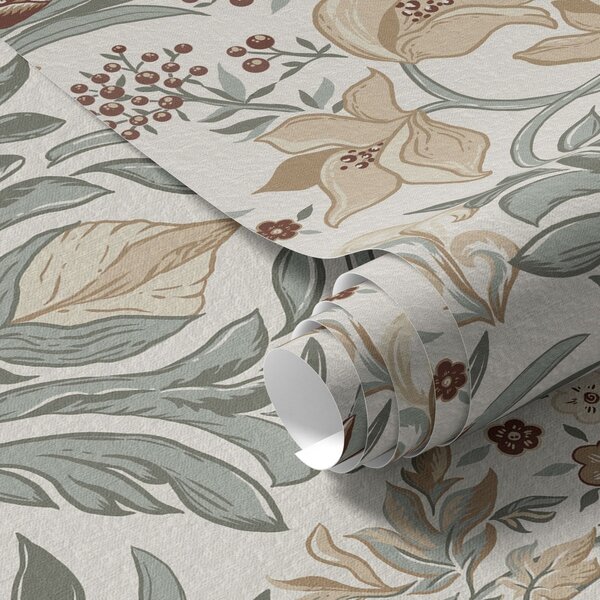 Tapet Crini decorativi și un fluture pe fond crem, Tapet flori, a00500 : Uwalls.ro