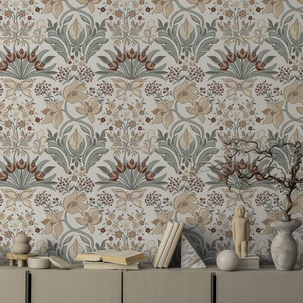 Tapet Crini decorativi și un fluture pe fond crem, Tapet flori, a00500 : Uwalls.ro