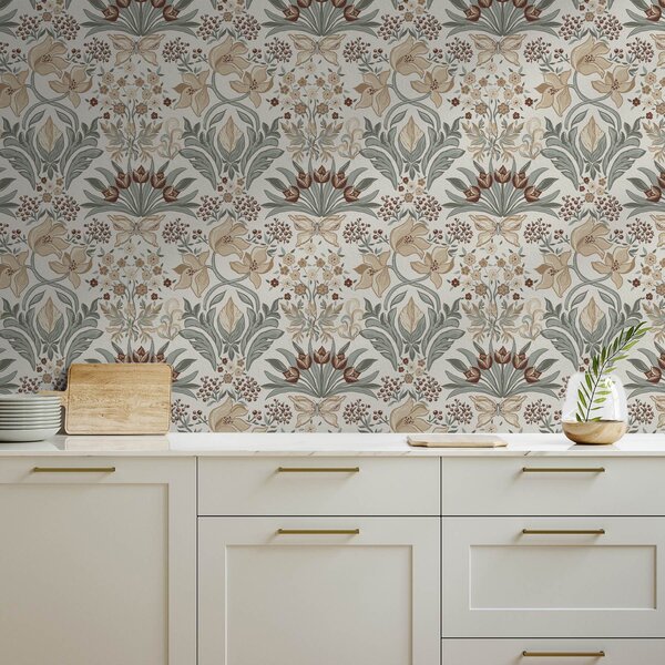 Tapet Crini decorativi și un fluture pe fond crem, Tapet flori, a00500 : Uwalls.ro