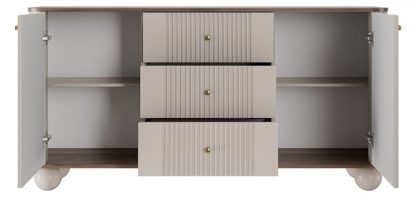 Comodă cu sertare pe picioare rotunde Vesper 160 cm - cașmir / nuc / mânere aurii