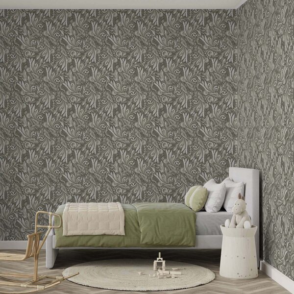 Tapet Volute Acanthus într-o paletă de culori bej-măsliniu, Tapet natura, Tapet frunze, a00501 : Uwalls.ro