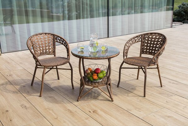 Set gradina JARUB, maro, ratan artificial/sticla securizata/metal, cu masuta si 2 scaune