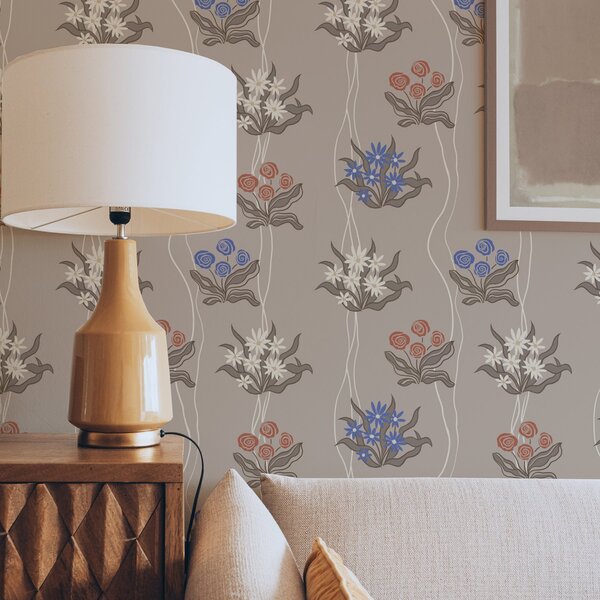 Tapet Flori retro cu linii ondulate pe fond bej cald, Tapet flori, a00503 : Uwalls.ro
