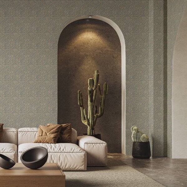 Tapet Stil Morris: ramuri bej pe fond gri-verde, Tapet flori, a00569 : Uwalls.ro