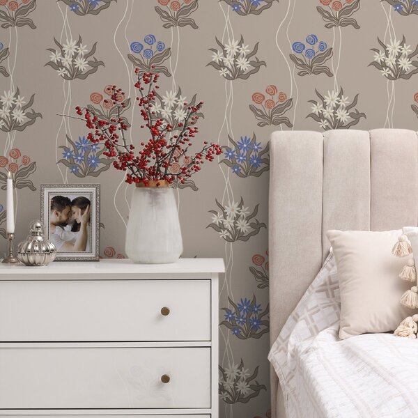 Tapet Flori retro cu linii ondulate pe fond bej cald, Tapet flori, a00503 : Uwalls.ro