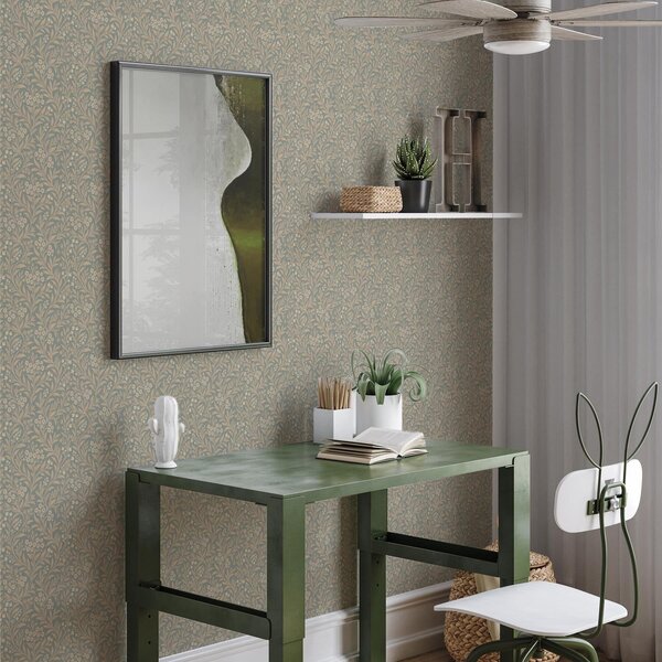 Tapet Stil Morris: ramuri bej pe fond gri-verde, Tapet flori, a00569 : Uwalls.ro