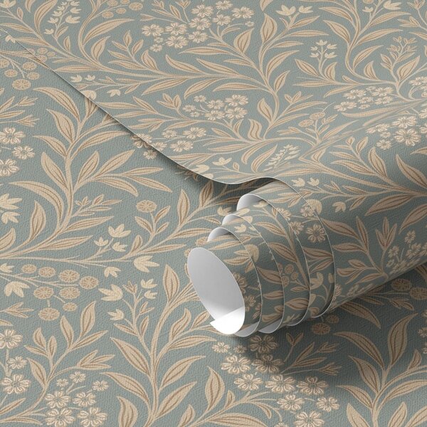 Tapet Stil Morris: ramuri bej pe fond gri-verde, Tapet flori, a00569 : Uwalls.ro