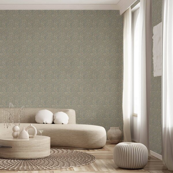 Tapet Stil Morris: ramuri bej pe fond gri-verde, Tapet flori, a00569 : Uwalls.ro