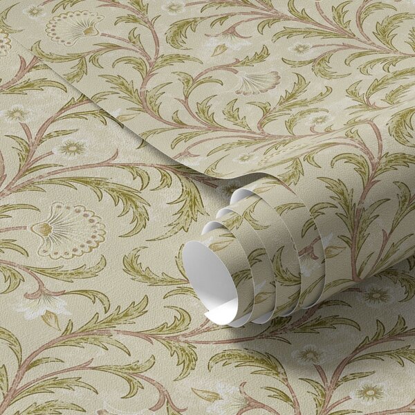 Tapet Ornament vintage cu volute și flori, bej și măslin, Tapet flori, a00574 : Uwalls.ro