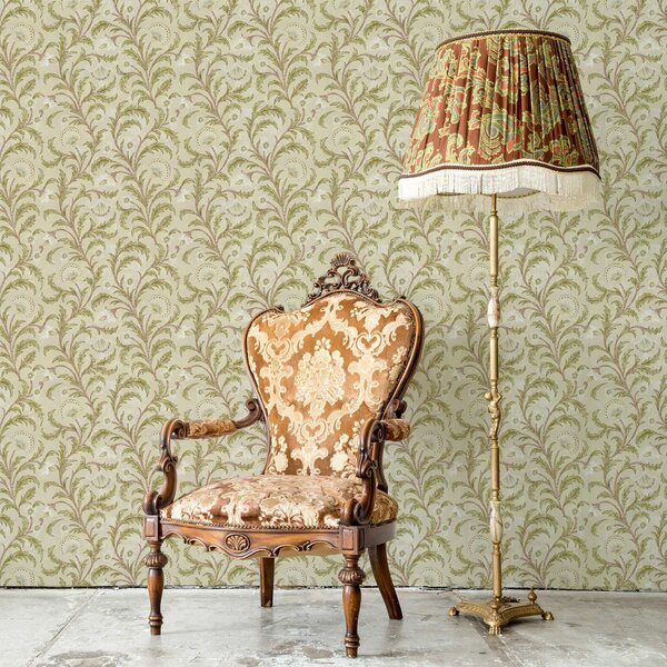 Tapet Ornament vintage cu volute și flori, bej și măslin, Tapet flori, a00574 : Uwalls.ro