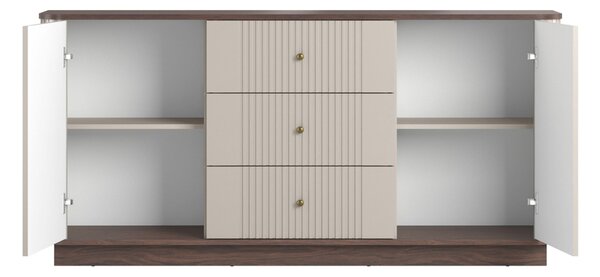 Comodă cu sertare pe soclu Vesper 160 cm - kashmir / nuc / mânere aurii