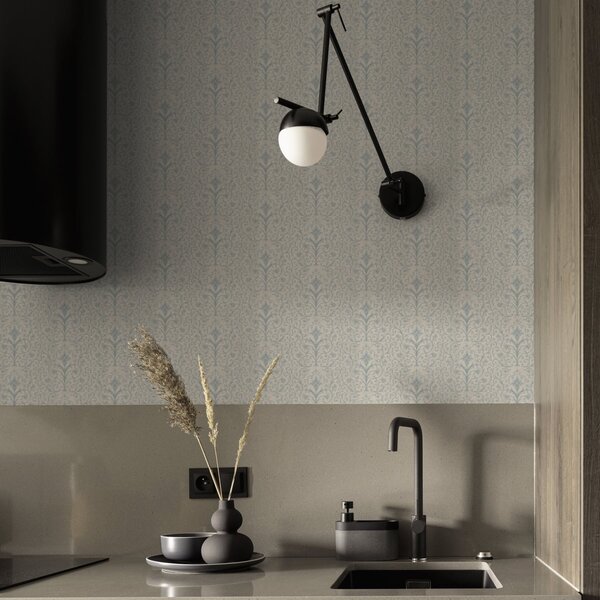Tapet Damasc albastru cu volute pe fond crem, Tapet stil oriental, a00578 : Uwalls.ro