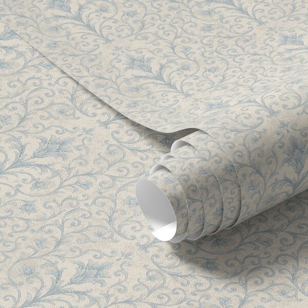 Tapet Damasc albastru cu volute pe fond crem, Tapet stil oriental, a00578 : Uwalls.ro