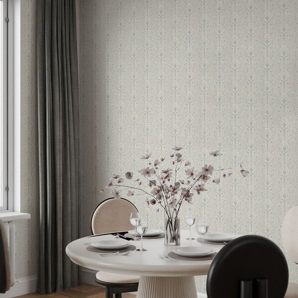 Tapet Damasc albastru cu volute pe fond crem, Tapet stil oriental, a00578 : Uwalls.ro
