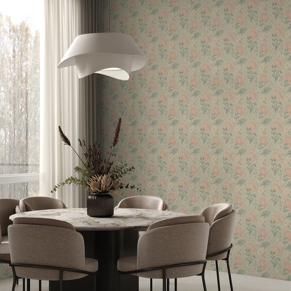 Tapet Flori mari de piersic vintage cu frunze de salvie, Tapet flori, a00580 : Uwalls.ro