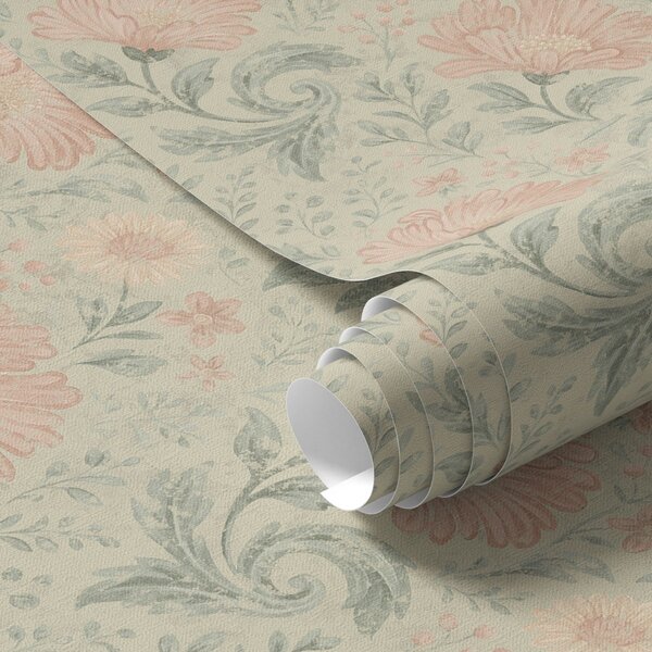 Tapet Flori mari de piersic vintage cu frunze de salvie, Tapet flori, a00580 : Uwalls.ro