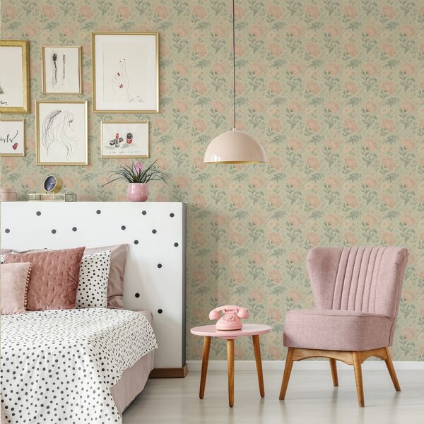 Tapet Flori mari de piersic vintage cu frunze de salvie, Tapet flori, a00580 : Uwalls.ro