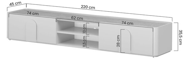Comodă TV cu sertar Amilio 220 cm - eucalipt / stejar baltic dune / mânere stejar natural