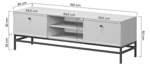 Comodă TV Lorini 150 cm cu sertare - culoare cașmir / mânere tip T-bar și cadru negre