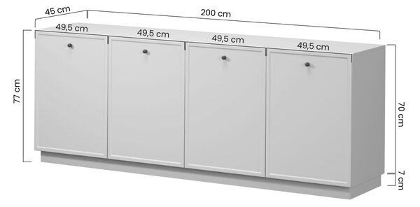 Comodă cu patru uși Lorini 200 cm - cașmir / mânere negre T-bar
