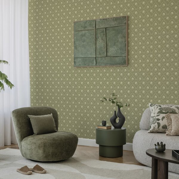 Tapet Spalier de măslin cu flori crem, ornament retro, Tapet flori, a00585 : Uwalls.ro