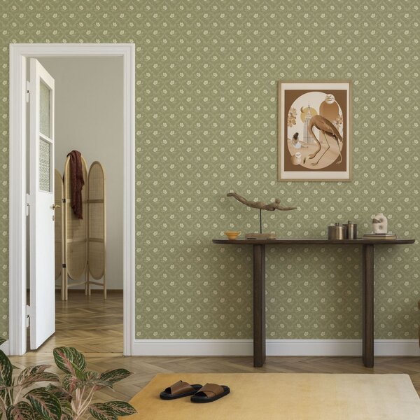 Tapet Spalier de măslin cu flori crem, ornament retro, Tapet flori, a00585 : Uwalls.ro
