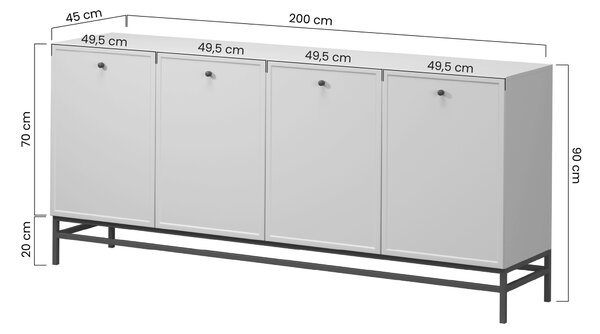 Comodă cu patru uși Lorini 200 cm - cașmir / mânere negre tip T-bar / cadru metalic