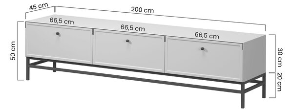 Comodă TV Lorini 200 cm cu sertare - culoare cașmir / mânere tip T-bar și cadru negre