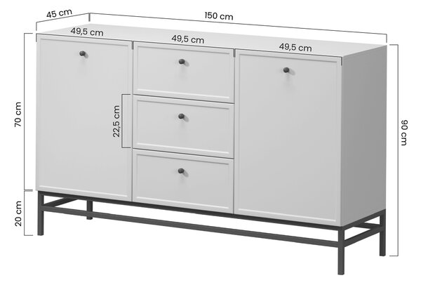 Comodă Lorini 150 cm cu sertare - cașmir / mânere negre T-bar / cadru