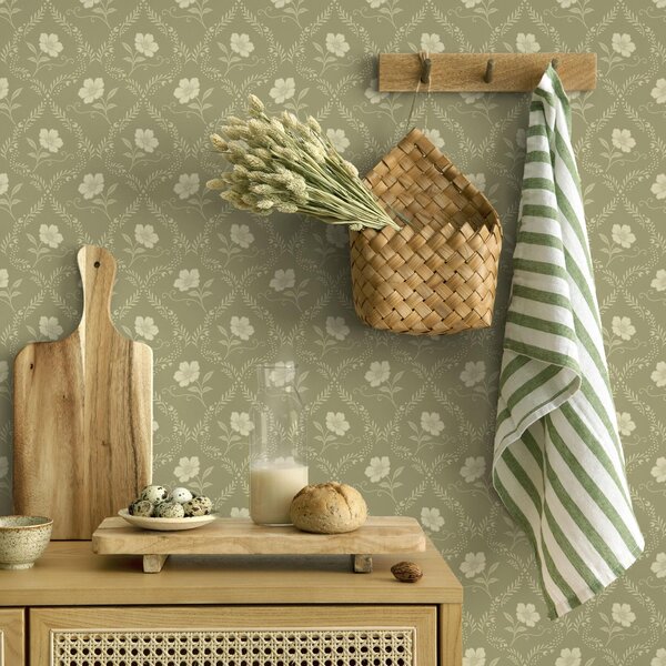 Tapet Spalier de măslin cu flori crem, ornament retro, Tapet flori, a00585 : Uwalls.ro