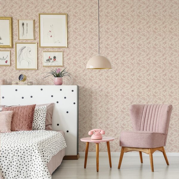 Tapet Păsări și trandafiri, model vintage pe fond roz pudrat, Tapet flori, a00587 : Uwalls.ro