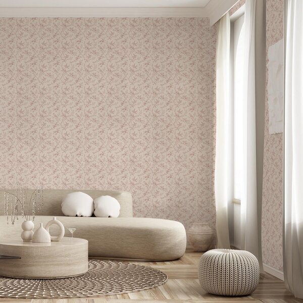 Tapet Păsări și trandafiri, model vintage pe fond roz pudrat, Tapet flori, a00587 : Uwalls.ro