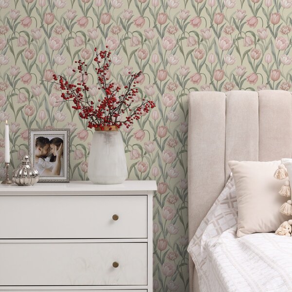 Tapet Lalele roz pal pe un fundal bej delicat, Tapet flori, a00589 : Uwalls.ro