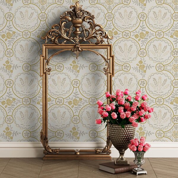 Tapet Ornament retro cu grâu și trandafiri, Tapet flori, a00595 : Uwalls.ro