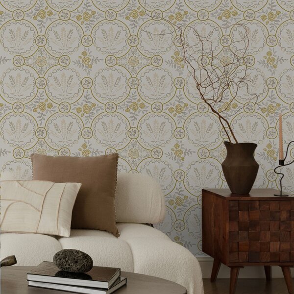 Tapet Ornament retro cu grâu și trandafiri, Tapet flori, a00595 : Uwalls.ro