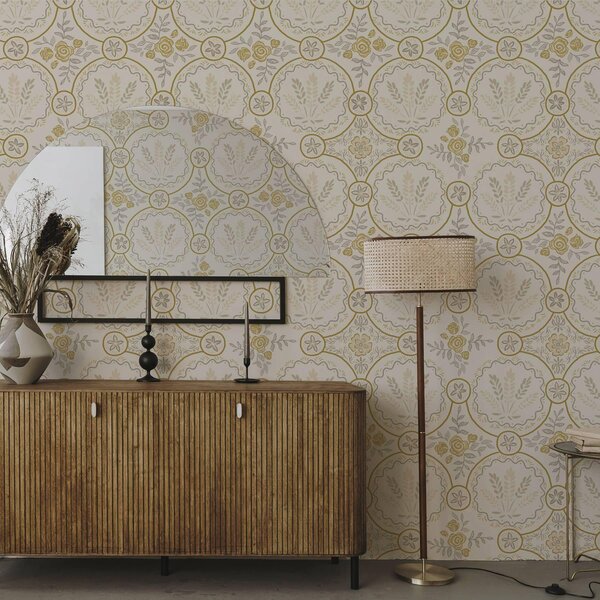 Tapet Ornament retro cu grâu și trandafiri, Tapet flori, a00595 : Uwalls.ro