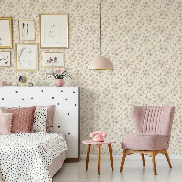 Tapet Flori pastelate de câmp pe fond crem, Tapet flori, a00596 : Uwalls.ro