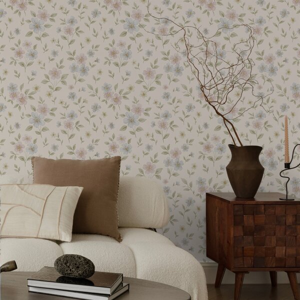 Tapet Flori pastelate de câmp pe fond crem, Tapet flori, a00596 : Uwalls.ro
