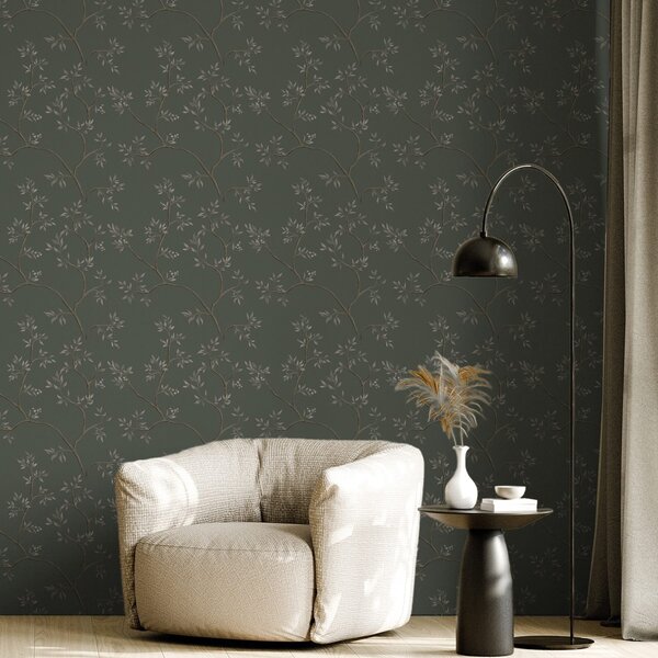 Tapet Ramuri delicate cu frunze pe un fundal verde închis, Tapet flori, a00597 : Uwalls.ro