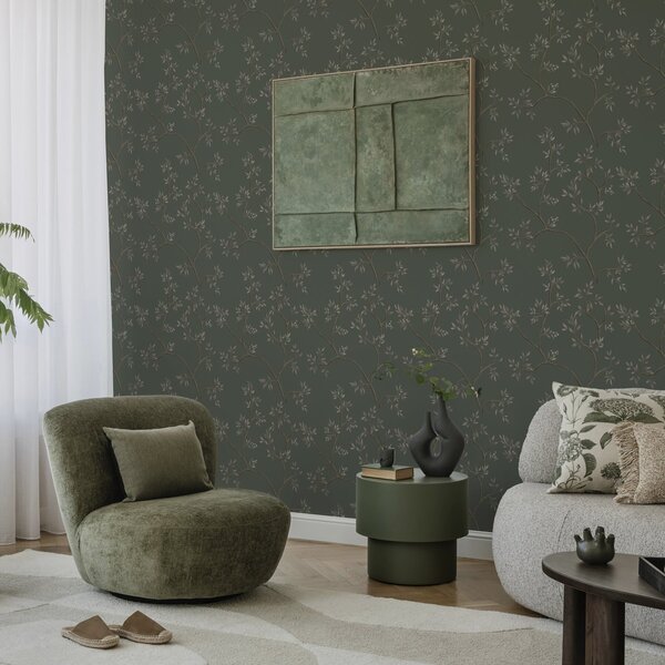 Tapet Ramuri delicate cu frunze pe un fundal verde închis, Tapet flori, a00597 : Uwalls.ro