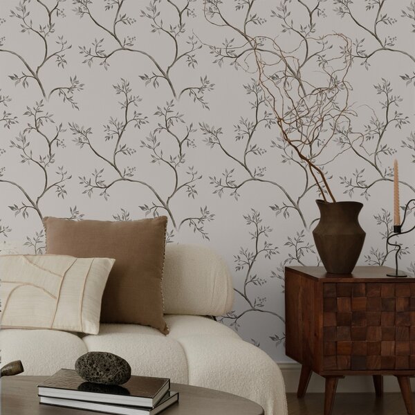 Tapet Ramuri delicate cu frunze pe un fundal crem cald, Tapet flori, a00597v1 : Uwalls.ro