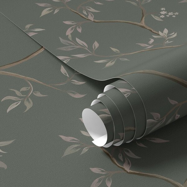 Tapet Ramuri delicate cu frunze pe un fundal verde închis, Tapet flori, a00597 : Uwalls.ro