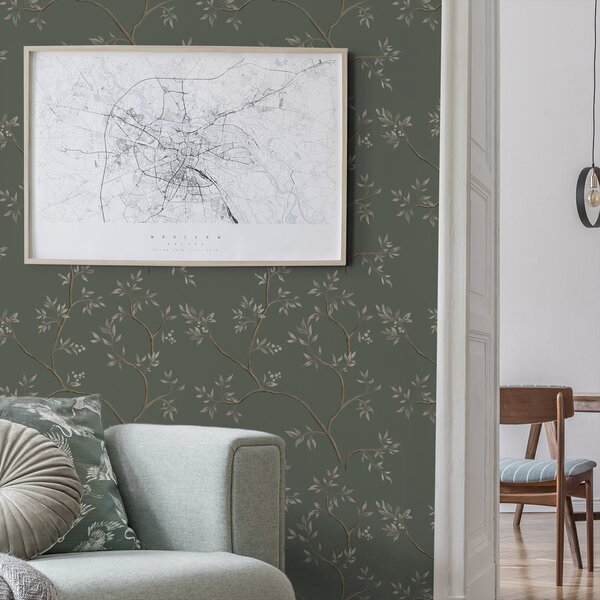Tapet Ramuri delicate cu frunze pe un fundal verde închis, Tapet flori, a00597 : Uwalls.ro