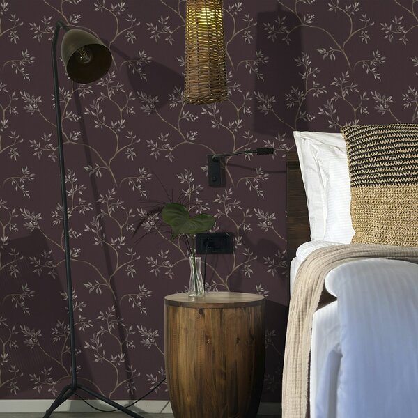 Tapet Ramuri delicate cu frunze pe un fundal bogat de prune, Tapet flori, a00597v2 : Uwalls.ro