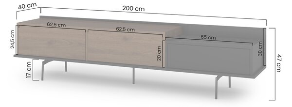 Comodă TV Zenar 200 cm cu picioare metalice și sertar - nuc elegant / negru