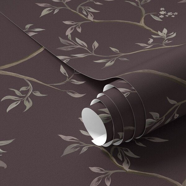 Tapet Ramuri delicate cu frunze pe un fundal bogat de prune, Tapet flori, a00597v2 : Uwalls.ro