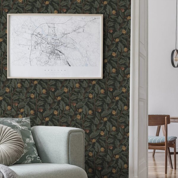 Tapet Model floral închis la culoare, cu muguri și frunze galbene, Tapet flori, a00598 : Uwalls.ro